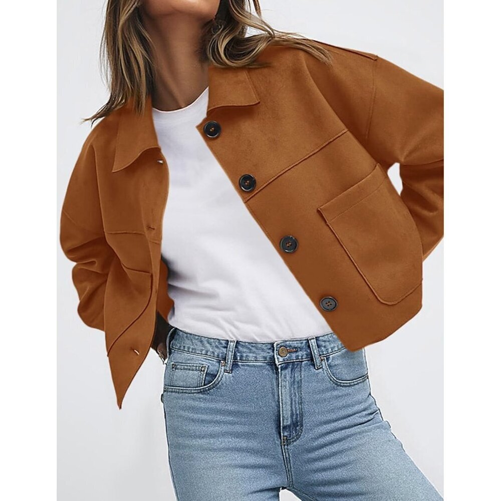 Women's Faux Suede Cropped Jacket Casual Lightweight Spring Outerwear Brown - Picture 4 of 6